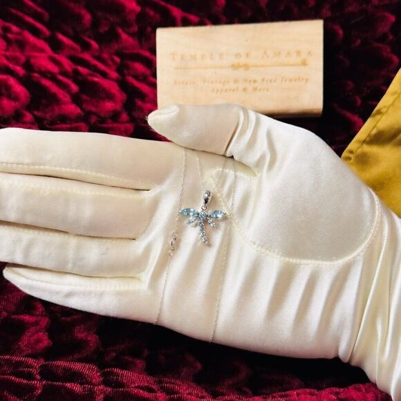 10K Gold- Blue Topaz Necklace -18"- 1cttw- Dragonfly Necklace -White Gold -1.5g - Picture 15 of 16